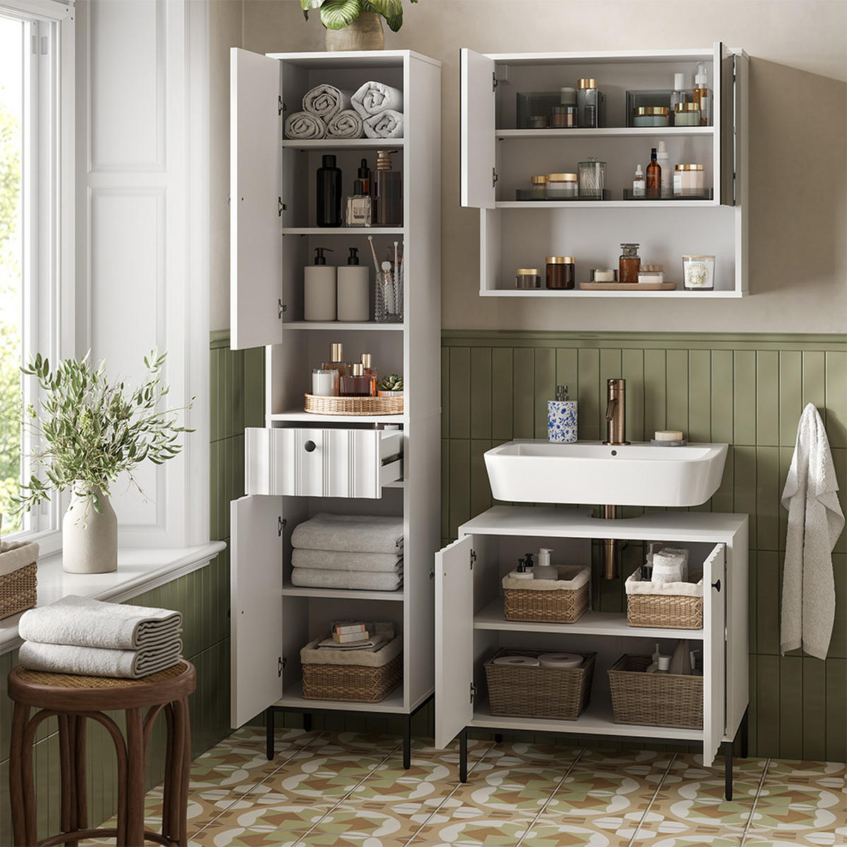 BADMÖBEL-SET Eliza Weiß Riffel 3 Teile - Weiß, Holzwerkstoff (70/65/45cm) - Vicco