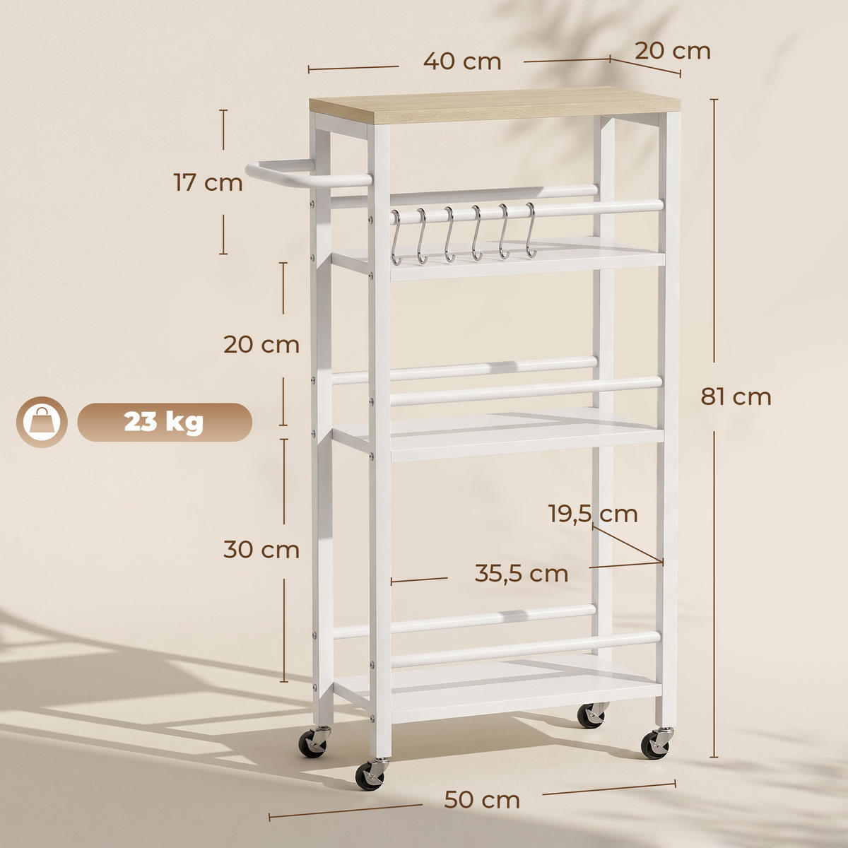 KÜCHENWAGEN, 4-stöckiger Servierwagen mit 6 Haken, 50 x 20 x 81 cm, Eiche - Multicolor, Metall (50/81/20cm) - FORIOUS