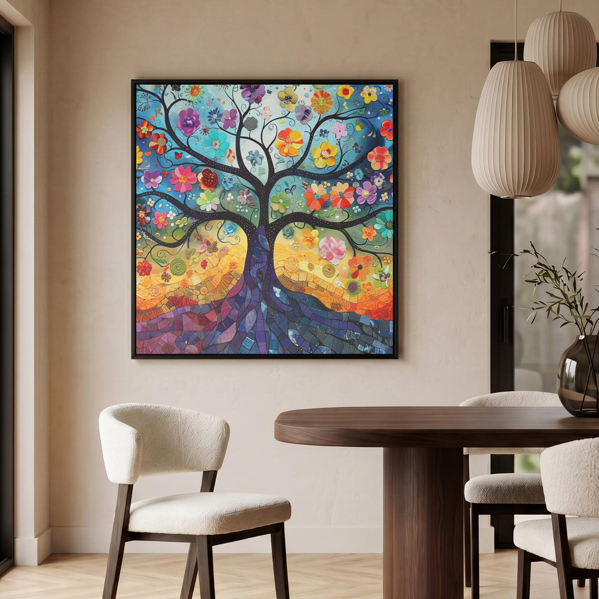 LEINWAND Bilder mit Rahmen - Kunst - Baum des Lebens - Blumen - Hippie - 90x90 - Dunkelblau, Textil (90/90cm) - MuchoWow