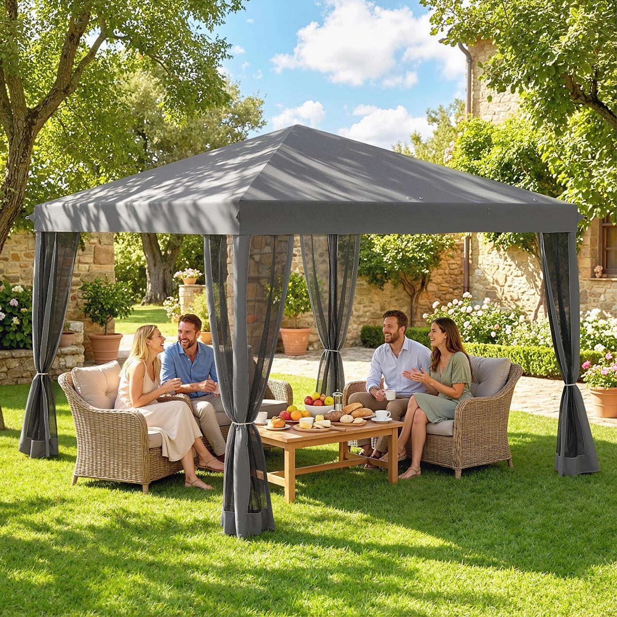 FALTPAVILLON, Cremeweiß, Metall, Oxford-Stoff, Moskitonetz - Hellgrau, Metall (295/260/295cm) - Outsunny