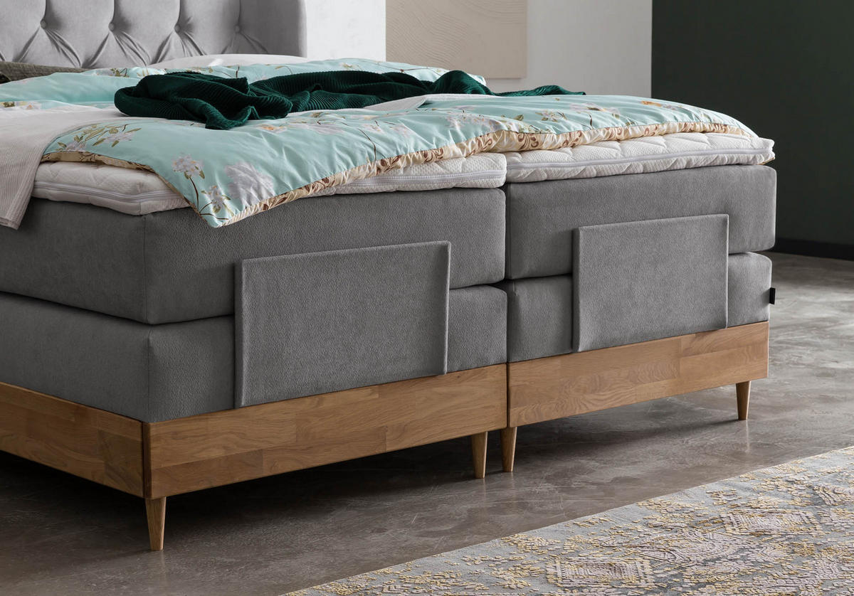 BOXSPRINGBETT ELEKTRISCH VERSTELLBAR EON 180x200 Hellgrau H2 und H3 Bett mit Motor 7-Zonen TFK Matratze inkl. Visco Topper Motorbett mit Eiche - Hellgrau, Textil (180/200cm) - Belanoti