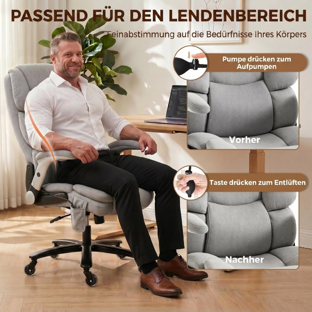 DREHSTUHL 82/72/122 cm hellgrau aus Metall mit Airbag-Lendenstütze und klappbaren Armlehnen - Hellgrau, Metall (82/122/70cm) - OKWISH
