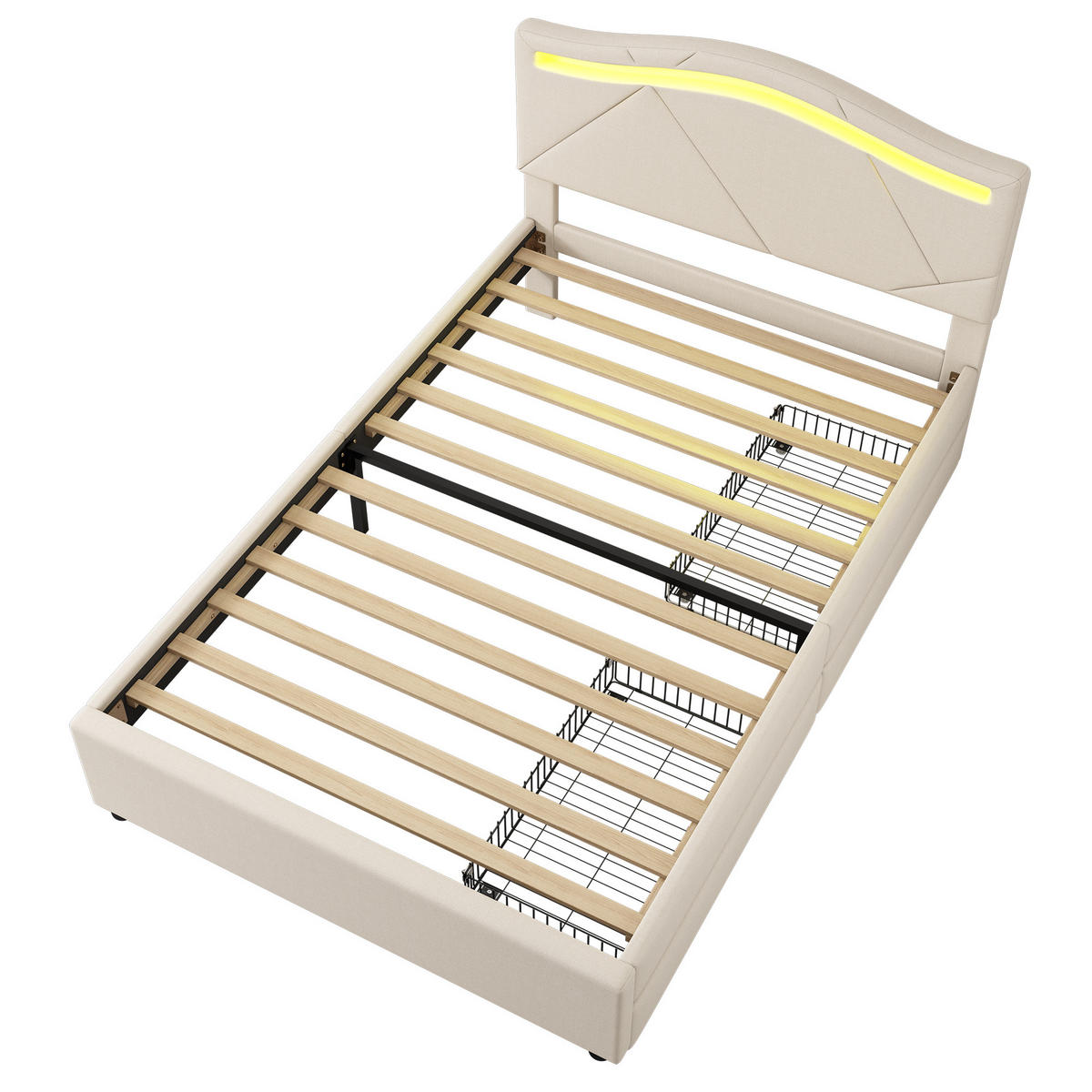 POLSTERBETT 90x200cm Beige Leinen Fernbedienung 2 Schubladen Kopfteil - Beige, Holz (90/200cm) - FLIEKS