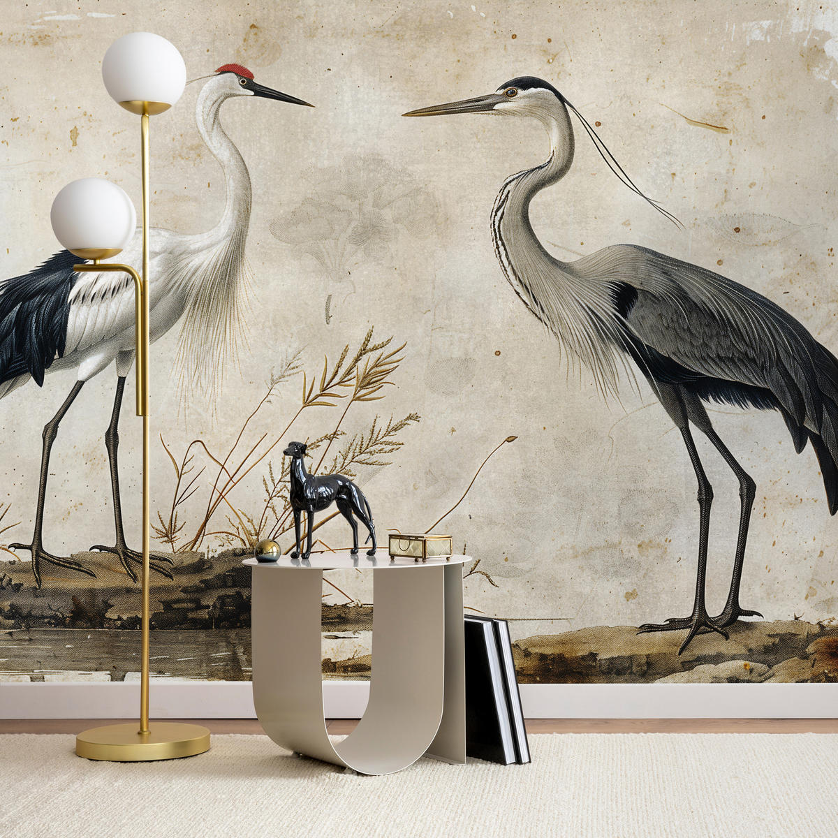 FOTOTAPETE Vögel Vögel Kranich Reiher Retro Stil 200x140 - Beige/Rot, Papier (200/140cm) - Muralo