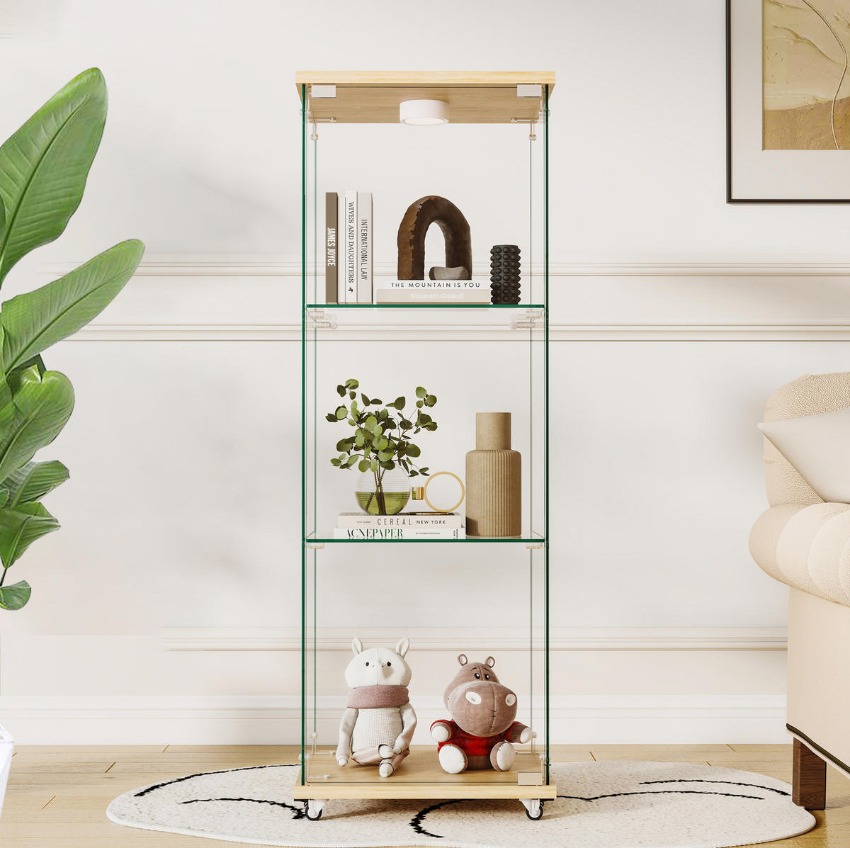 VITRINE aus MDF und Glas 36,5x42,5x120 cm Natur mit LED-Beleuchtung, Glastür und Rollen oder festen Füßen - Naturfarben, Holzwerkstoff (42.5/120/36.5cm) - Modfu