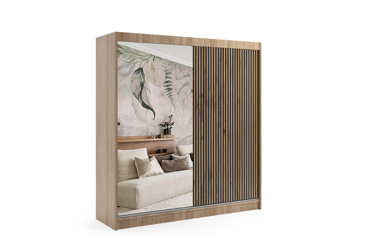 KLEIDERSCHRANK VILAN mit Spiegel - 200 cm - Sonoma Eiche|Eiche Wotan - Eiche Wotan/Sonoma Eiche, Holzwerkstoff (200/215/61cm) - ALTDECOR