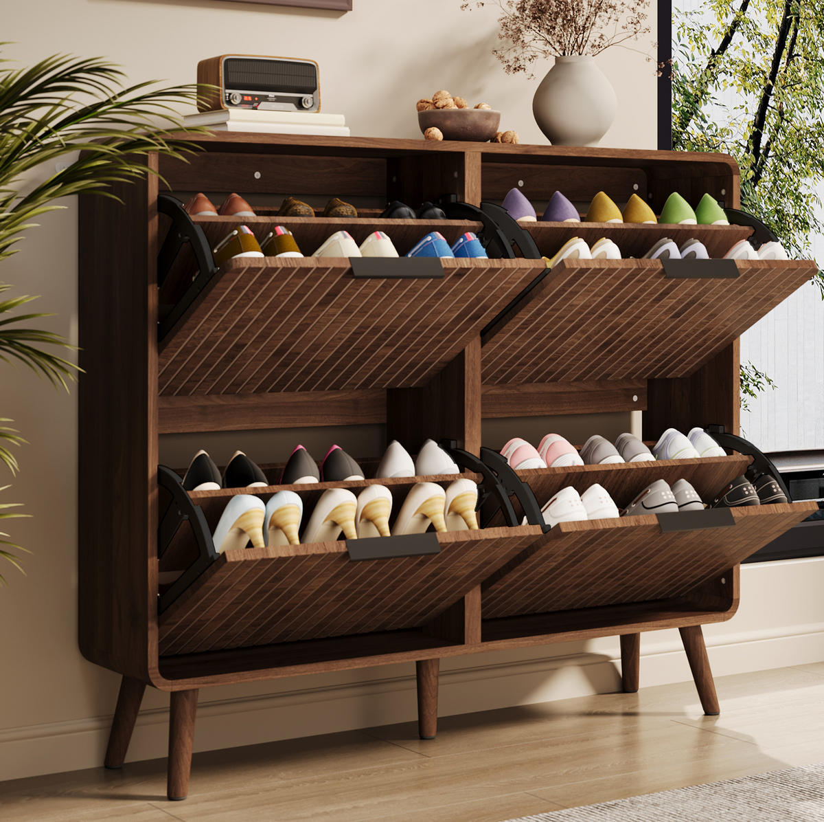 SCHUHSCHRANK aus MDF 105x24x90cm in Nussbaum mit Klapptüren - Nussbaumfarben, Holzwerkstoff (105/90/24cm) - Modfu