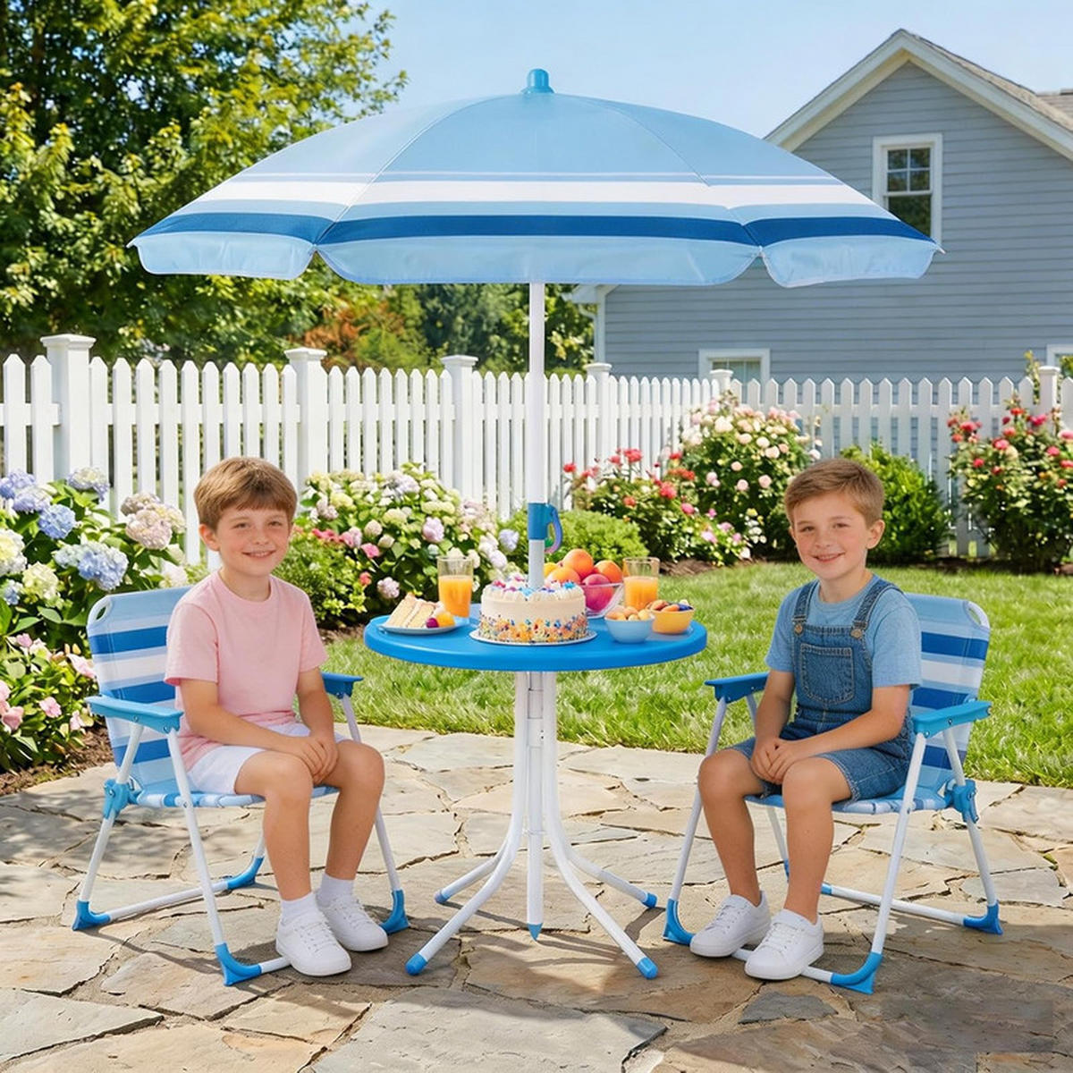 KINDER-SITZGRUPPE mit Sonnenschirm blau(4-tlg) - Blau, Metall - COSTWAY