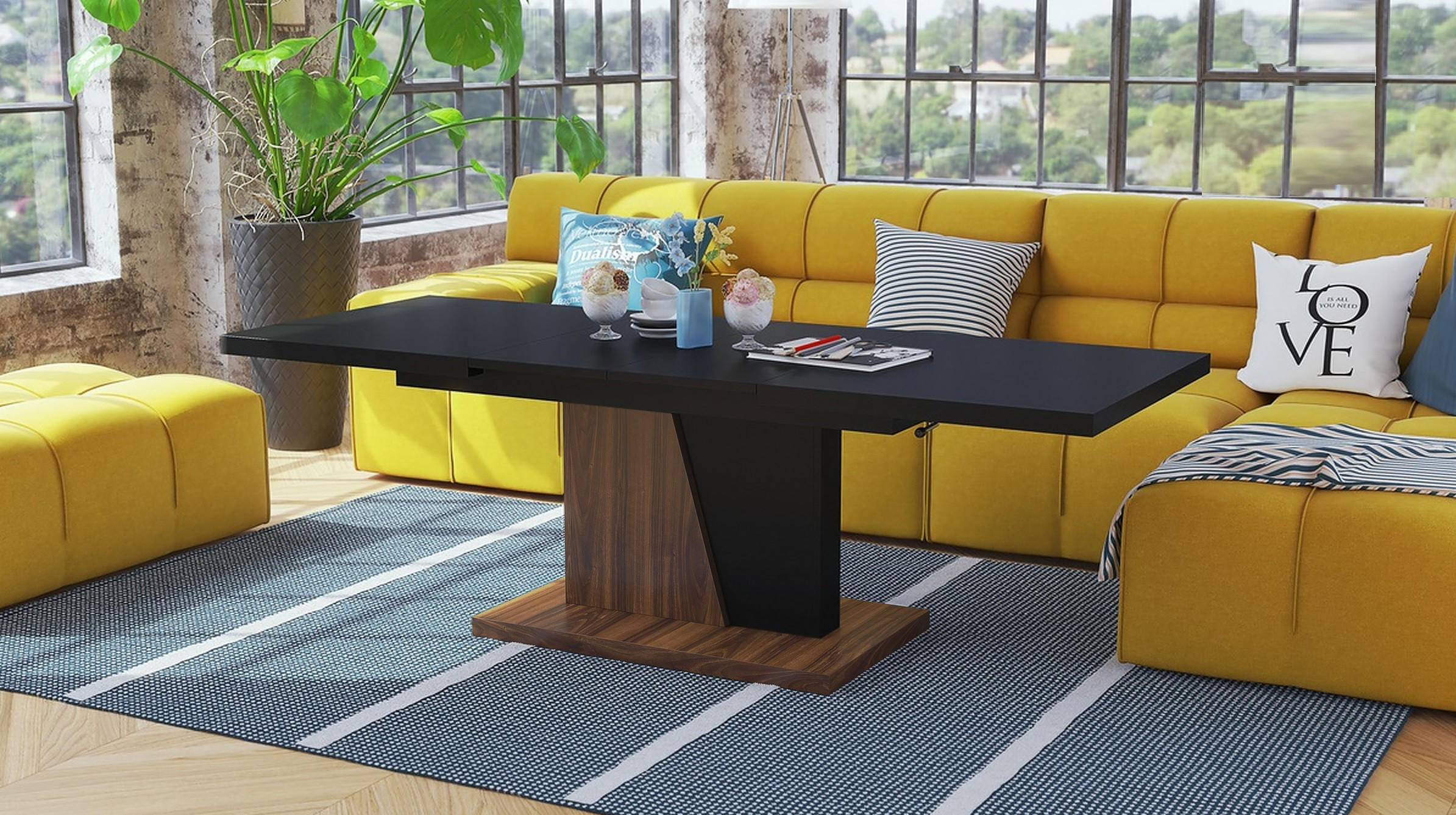 COUCHTISCH rechteckig Schwarz matt Nussbaum ausziehbar höhenverstellbar - Nussbaumfarben/Schwarz, Holzwerkstoff (70/120/60cm) - designimpex