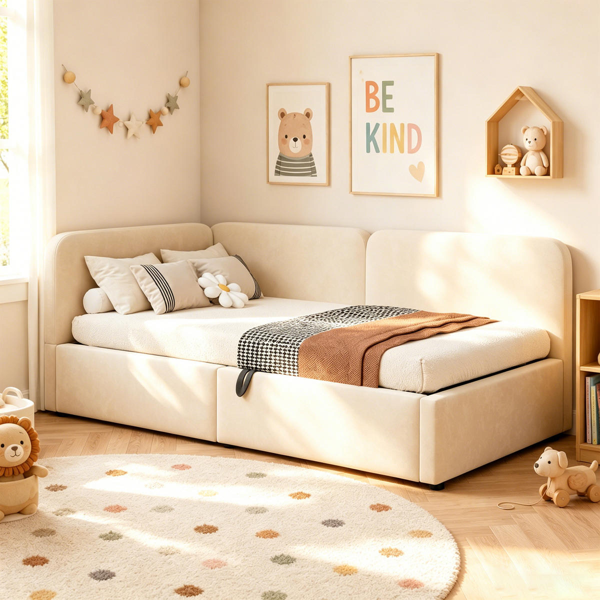 TAGESBETT 90/200 mit Bettkasten, Samtbezug, Lattenrost, Beige - Beige, Holz/Textil - LVHOM