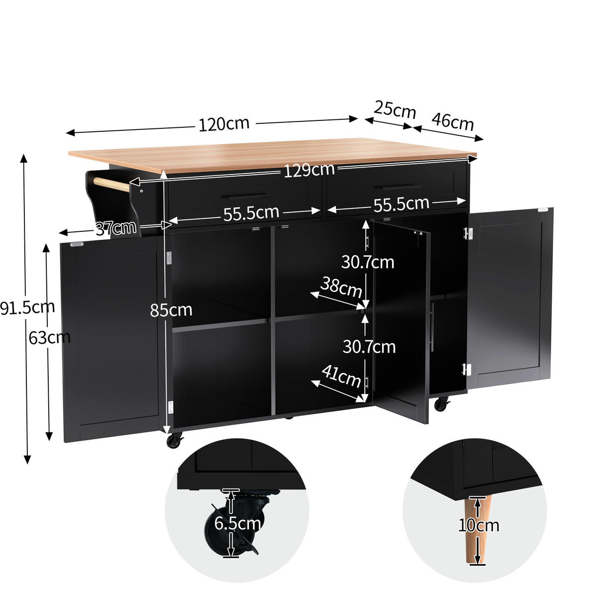 KÜCHENINSEL 129x71x91.5cm Schwarz mit Ausziehplatte, Schubladen & Rollen/Füßen - Schwarz, Holzwerkstoff (129/91.5/71cm) - Modfu
