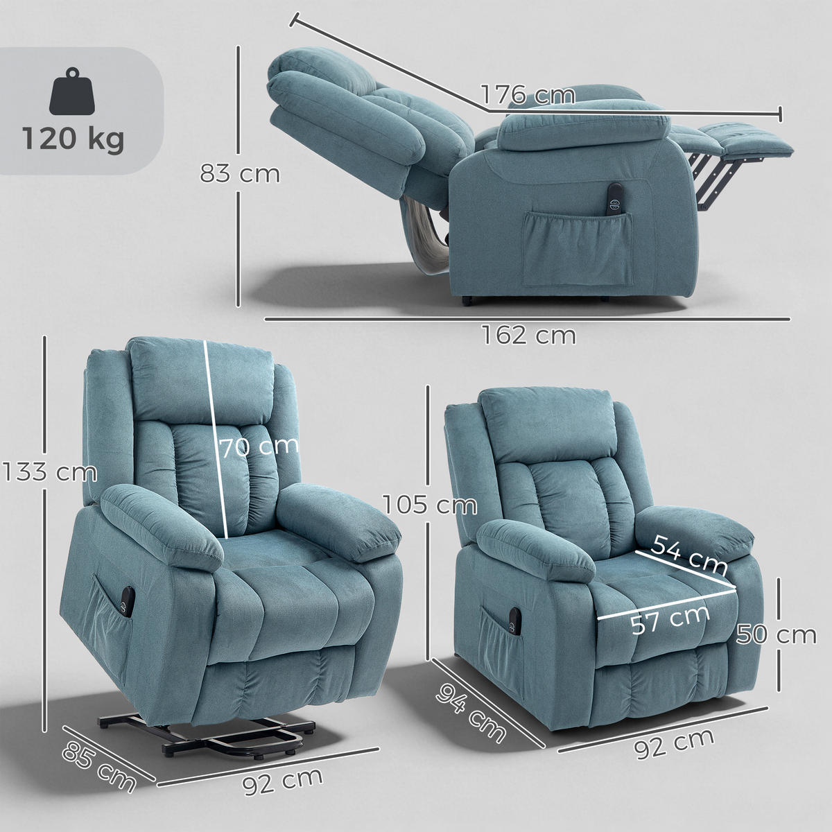 RECLINERFÅTÖLJ med uppresningshjälp, polyester och stål, blå - Svart/Blå, Textil/Metall (92/105/94cm) - HOMCOM