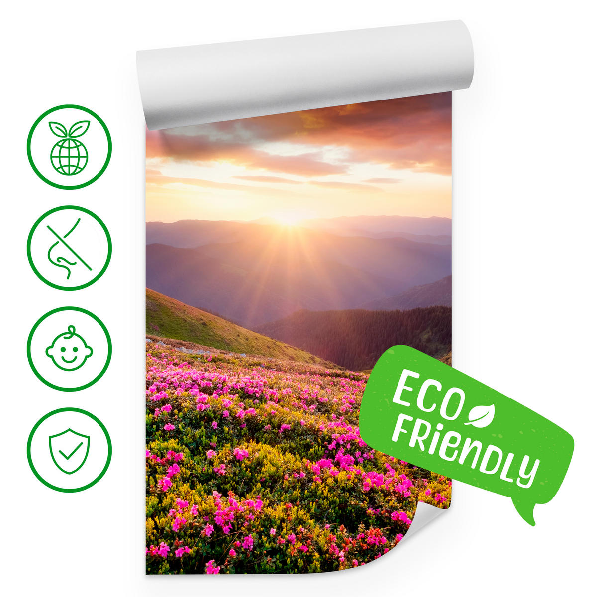 FOTOTAPETE für Wohnzimmer Sonnenuntergang Berge Wiese Blumen 450x315 - Violett/Rosa, Papier (450/315cm) - Muralo