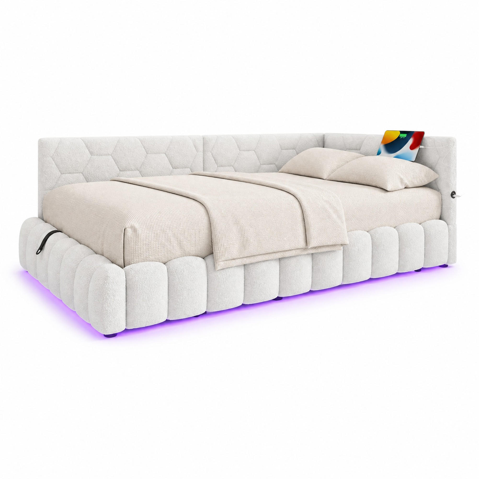 POLSTERBETT 90/200 mit hydraulischem Stauraum, LED-Lichtleiste, USB und Typ-C in Weiß - Weiß, Holzwerkstoff/Textil (90/200cm) - EVRYAE