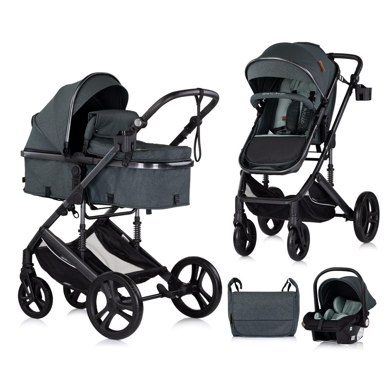 KOMBIKINDERWAGEN Amore 3 in 1 tuerkis Babyschale Adapter Wickeltasche Fußabdeckung - Türkis, Metall (95/63/105cm) - Chipolino