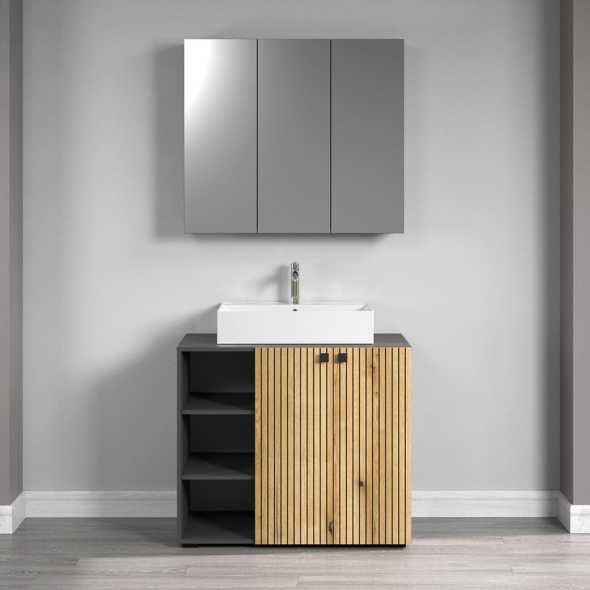 BADEZIMMERSCHRANK mit spiegel und 3 türen - purebliss 90/20/80 cm - Anthrazit, Holzwerkstoff (90/80/20cm) - Trendteam