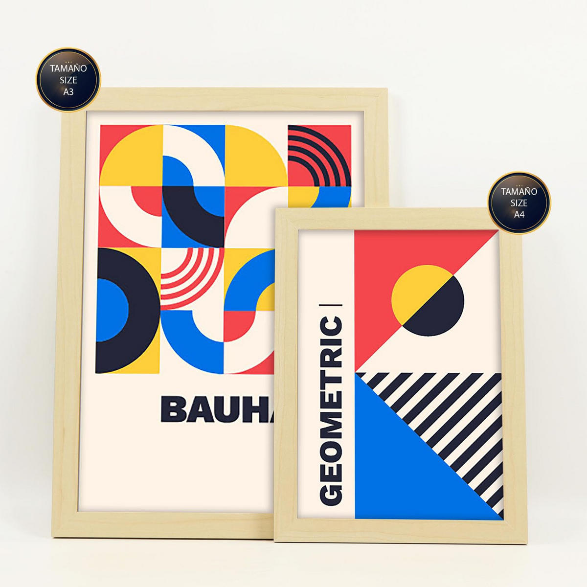 POSTER Set Mit 6 Bauhaus-Stil 4 Geometrisch Größe A3 & A4 Rahmen aus hellem Holz - Beige, Papier (29.7/1cm) - Nacnic