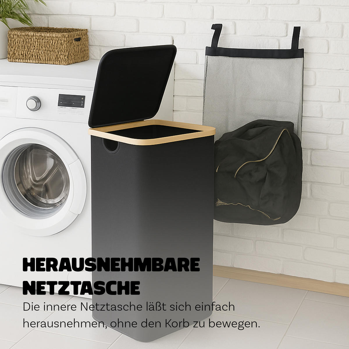 WÄSCHEKORB mit herausnehmbarer Tasche 41x37x71cm - Schwarz - Schwarz, Textil (41/71/34cm) - Bestlivings