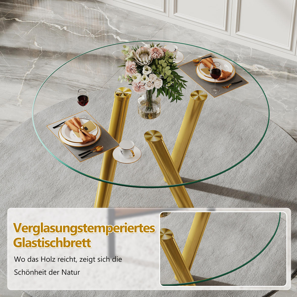ESSTISCH Transparent/Goldfarben 89/89/76 cm - Goldfarben, Holz (89/89/76cm) - PANGIVO