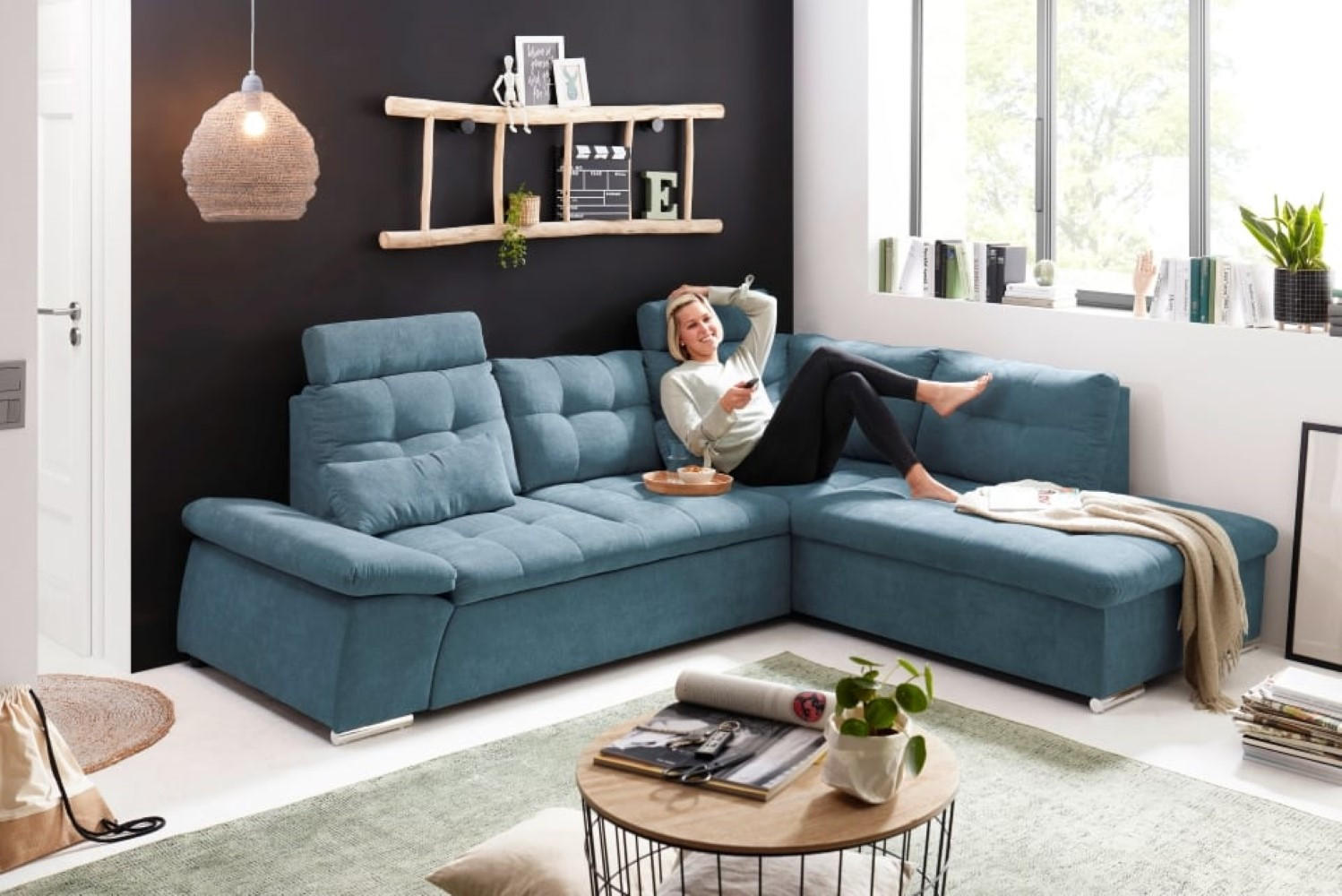 ECKSOFA mit Schlaffunktion, Bettkasten und verstellbarer Armlehne - Chromfarben/Blau, Textil (219/260cm) - ed exciting design