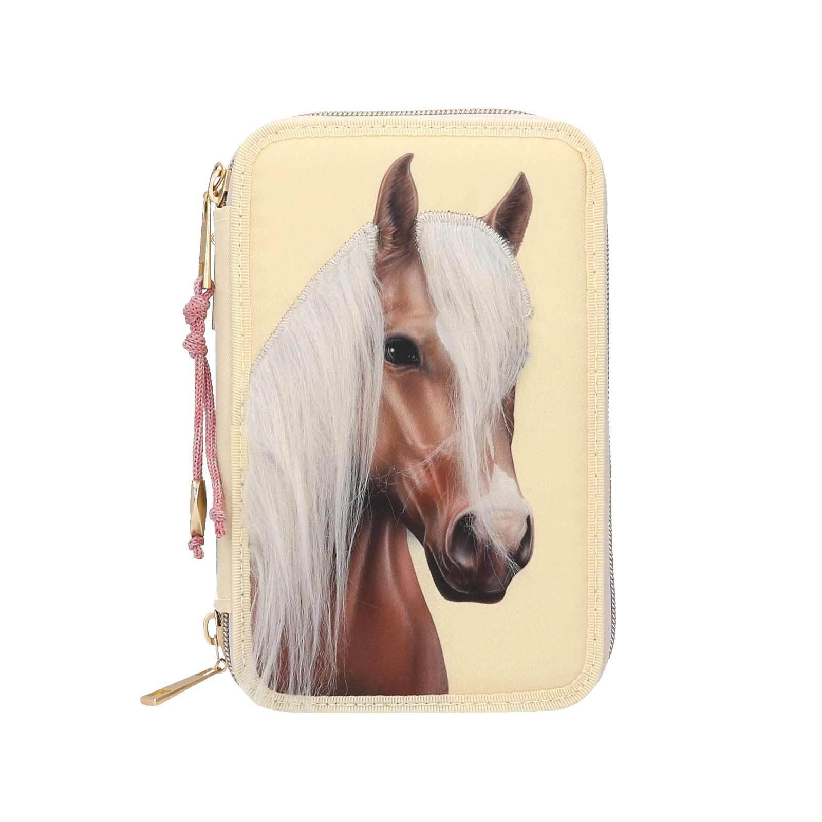 3-FACH FEDERTASCHE MIT PFERDEKOPF-APPLIKATION INKL. STIFTE Miss Melody hellgelb 7,5 x 13 x 20 cm - Hellgelb, Kunststoff (13/20/7.5cm) - Depesche Germany