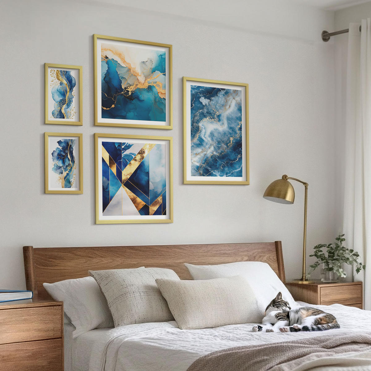 BILDER SET 5er Set - 50x50 cm & 20x30 cm & 40x60 cm Goldrahmen - Blaue abstrakte Muster - Goldfarben, Kunststoff (40/60cm) - TULUP