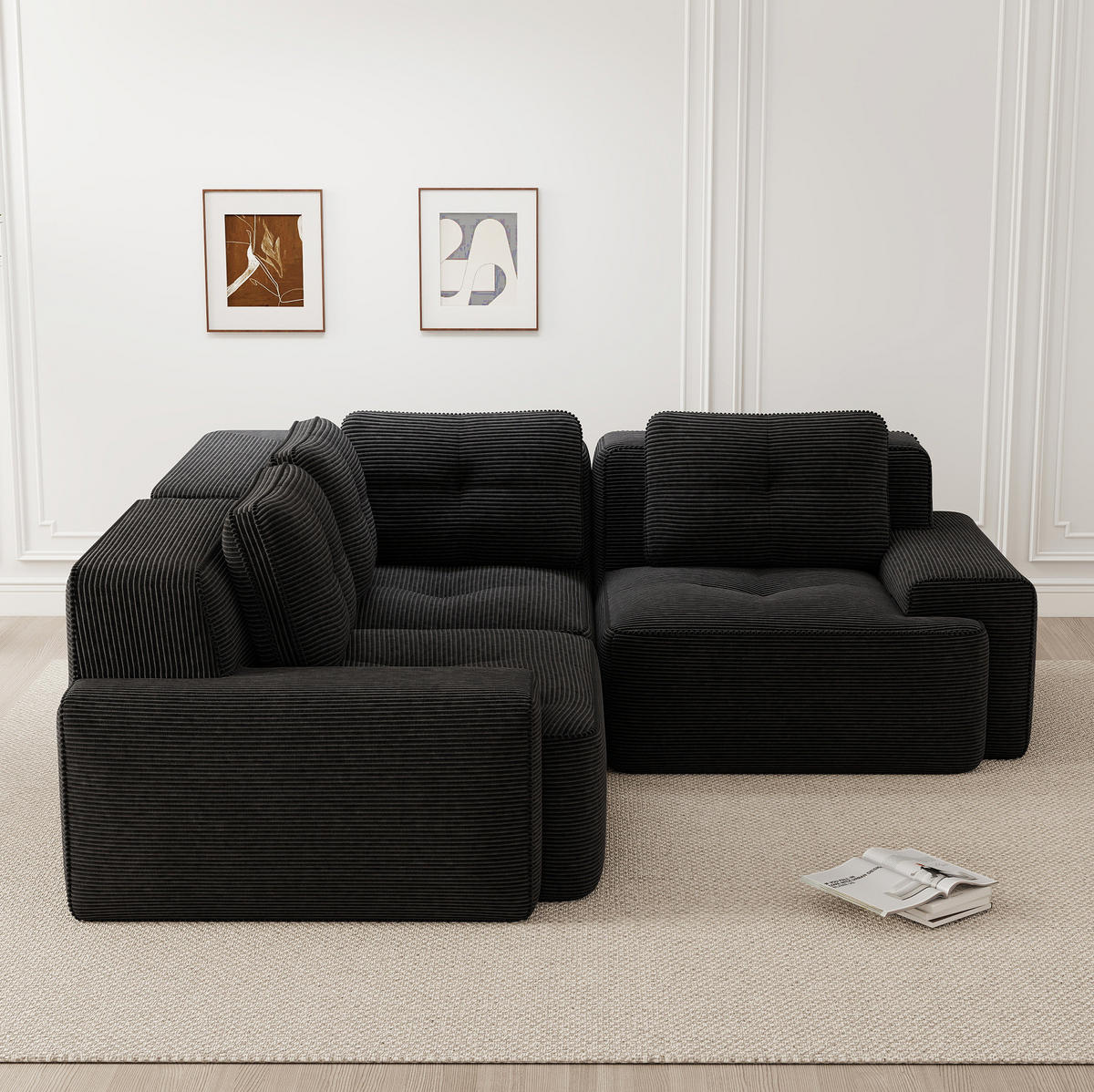 ECKSOFA aus Cord mit modularem Design Schwarz - Schwarz, Textil (104/177cm) - Modenvie