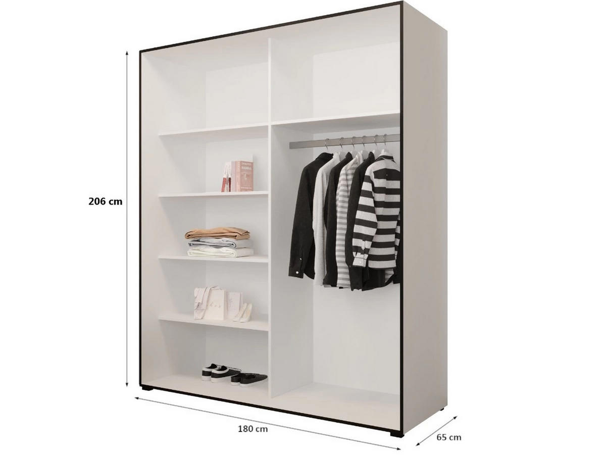 DREHTÜRENSCHRANK MODENA 180, 4-türig Kleiderschrank mit 2 Spiegel, Moderne Garderobe, Schrank in Größe: 180 x 206 x 65 cm - Schwarz/Weiß, Holzwerkstoff (180/206/65cm) - O-Sofa