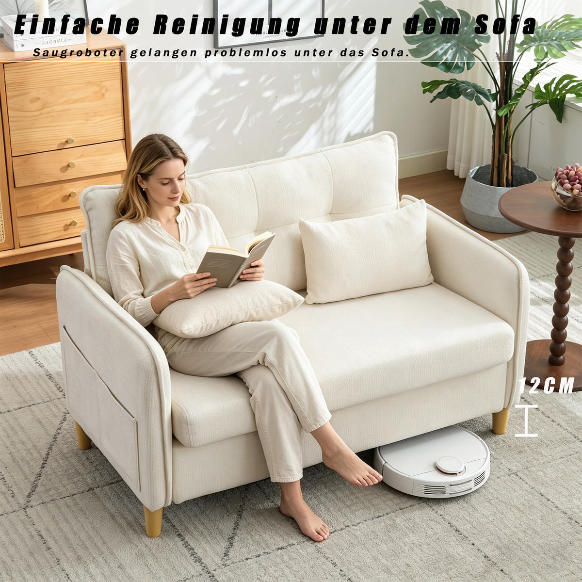 2-SITZER-SOFA DE-33995 mit Seitentaschen Beige - Beige, Holz (75.5/83/127cm) - ComfortXL