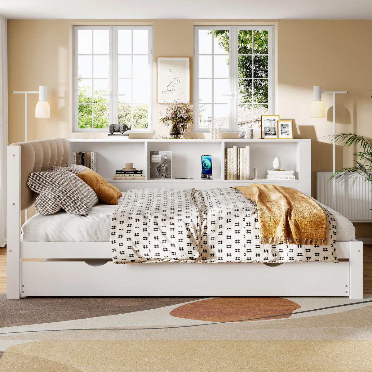 POLSTERBETT aus Kiefernholz 140x200 cm in Weiß mit Ausziehbett, LED & USB - Weiß, Holz (140/200cm) - Modfu