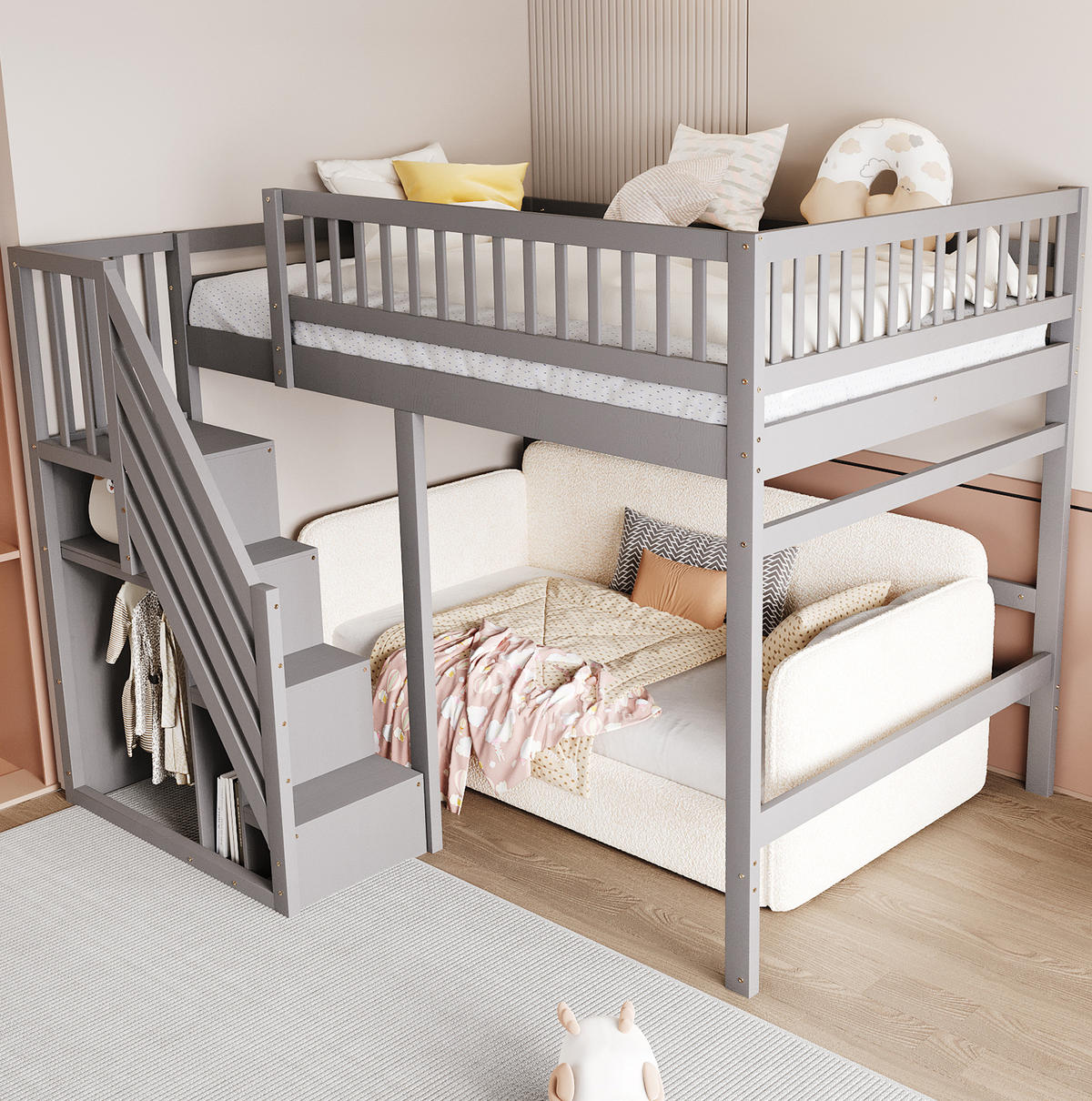 HOCHBETT 140/200 cm Grau aus Holz mit Aufbewahrungstreppe - Grau, Holzwerkstoff (140/200cm) - OKMYHOME