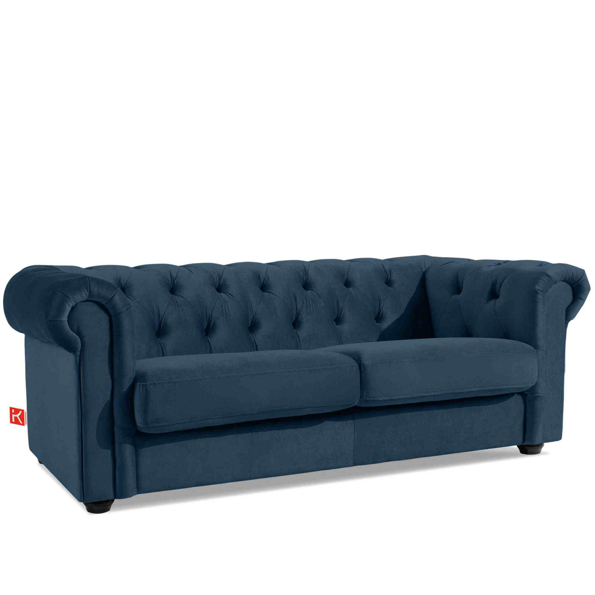 3-SITZER-SOFA GRAVO Chesterfield, Velours - Wengefarben/Dunkelblau, Leder/Holz (202/72/95cm) - KONSIMO®