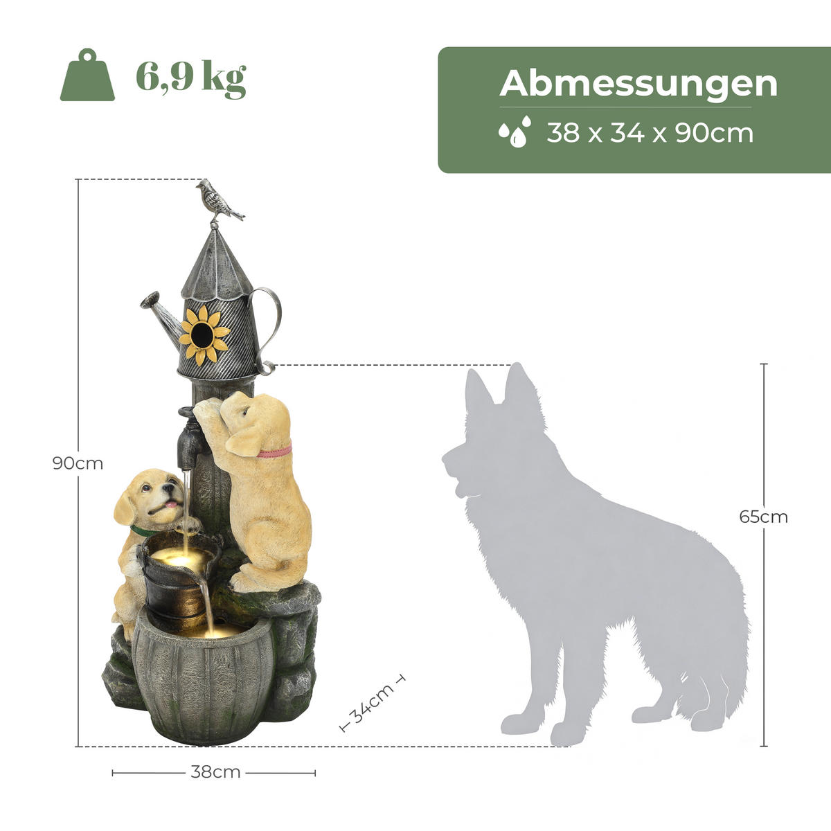 POLYRESIN-GARTENBRUNNEN,2 Hündchen+Vogelhaus,90x38x34cm,Garten/Balkon/Terrasse - Grau, Kunststoff (34/38/90cm)