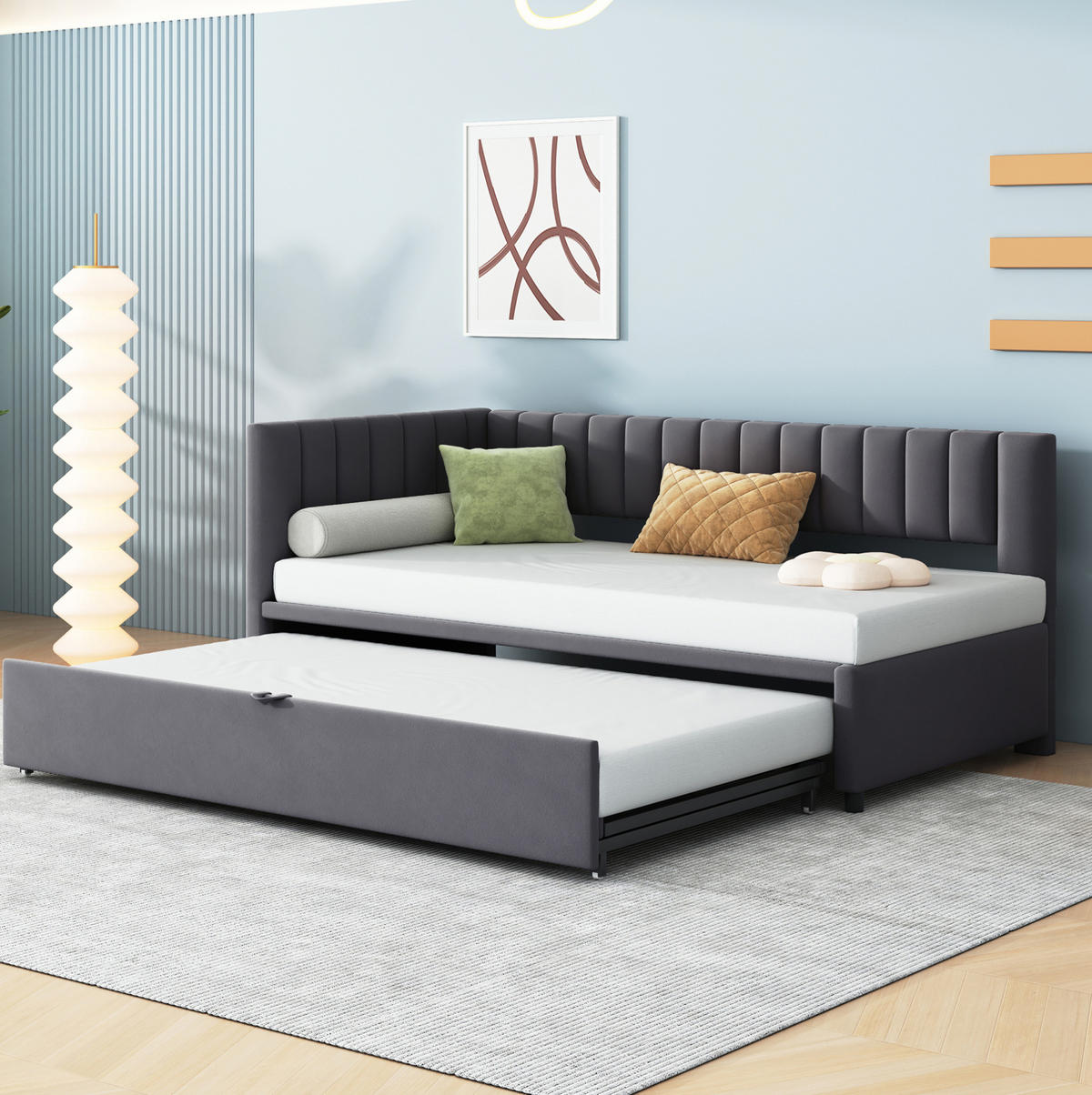 SCHLAFSOFA 90/200 cm mit Ausziehbett, L-Form und Samtbezug, Grau - Grau, Textil (97.5/75/208cm) - Redom