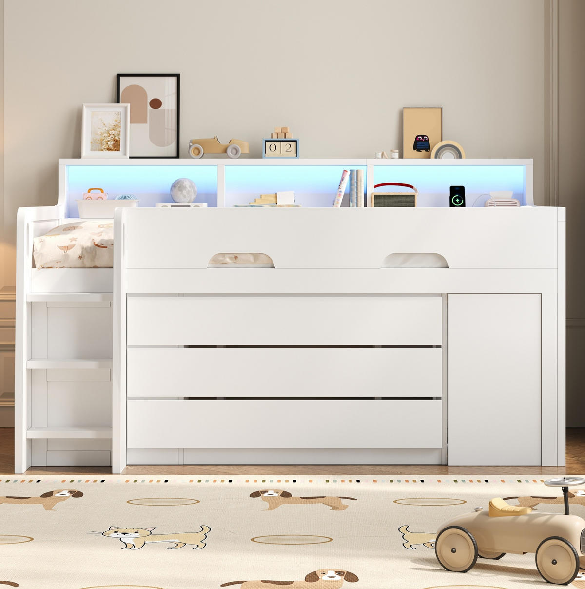HOCHBETT 90/200 cm aus MDF und Sperrholz mit fahrbarem Schreibtisch und Stauraum Weiß - Weiß, Holzwerkstoff (90/200cm) - Modenvie