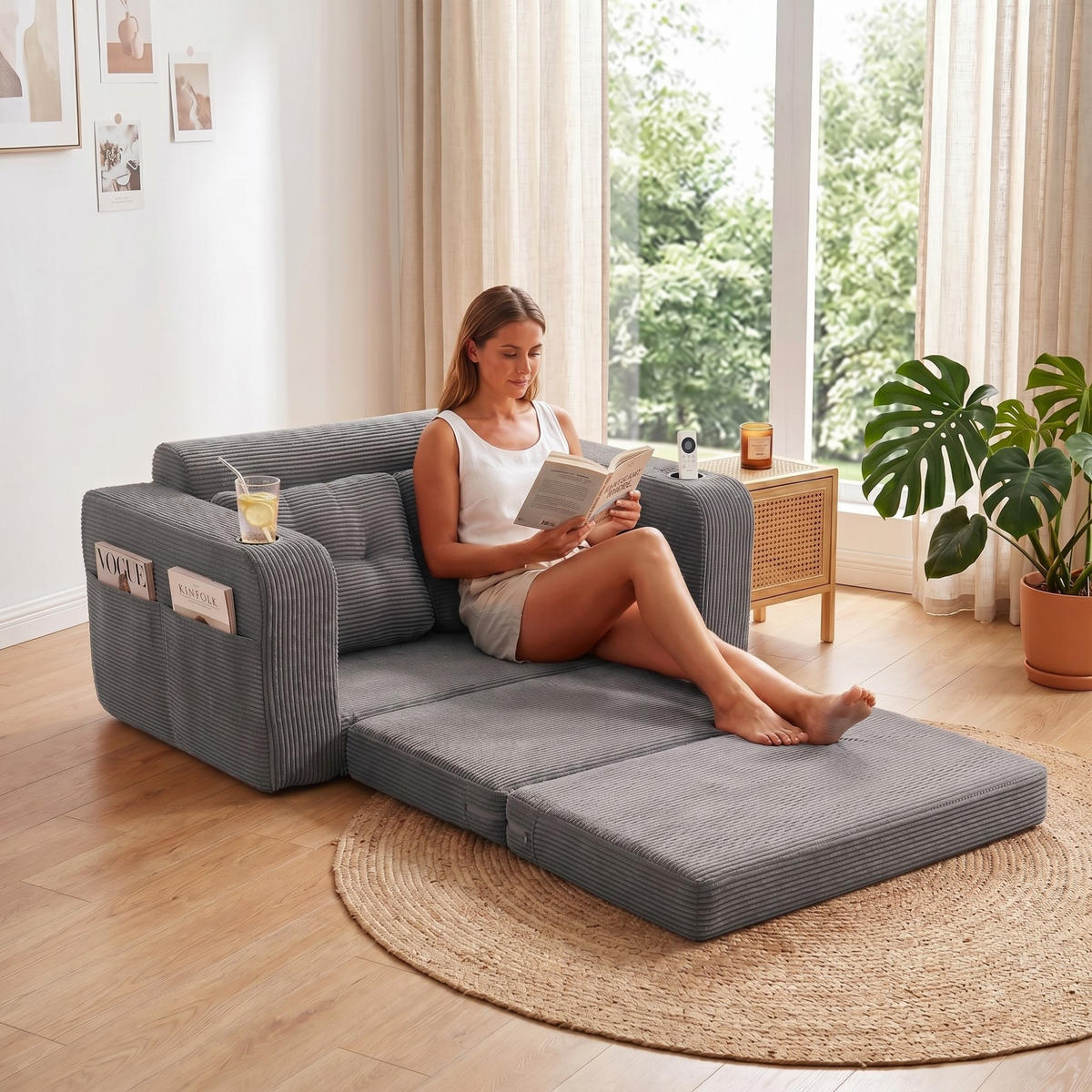 SCHLAFSOFA 2-Sitzer Sofa mit 2 Zierkissen,Lounge Sofa,Polstersofa,Cord,Grau - Grau, Textil (136/82.5/80cm) - LVHOM