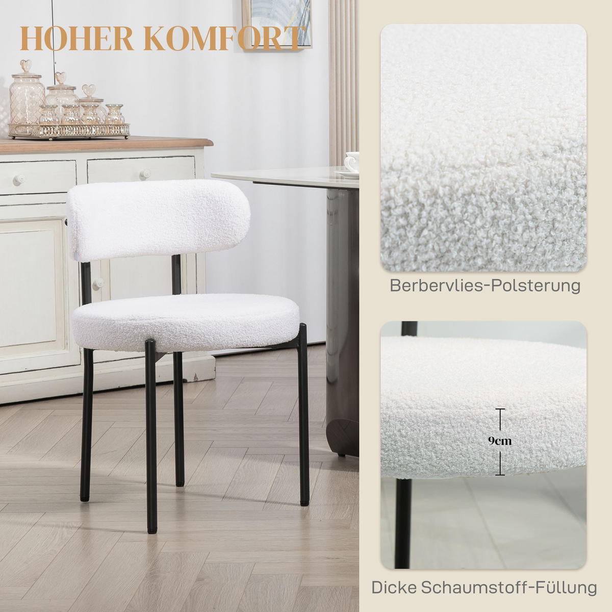ESSZIMMERSTÜHLE DE-06835 2er-Set mit Fleece-Polsterung und Metallbeinen Cremeweiß - Creme, Textil/Metall (51/76/51cm) - ComfortXL