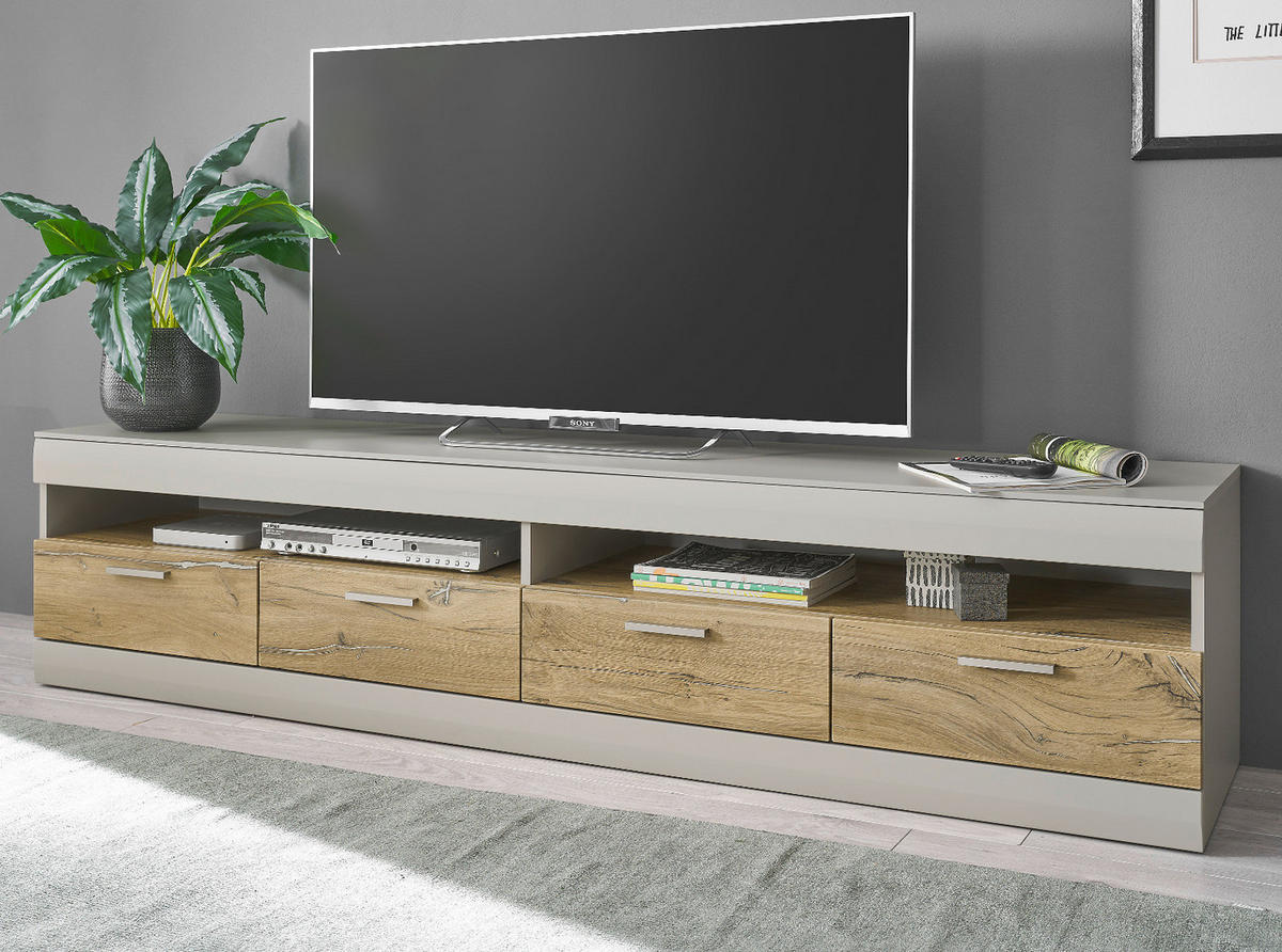 TV-LOWBOARD grau matt, Zinneiche 200, TV Unterteil XXL mit Soft-Close - Eichefarben/Silberfarben, Holzwerkstoff/Metall (200/46/45cm) - Furn.Design