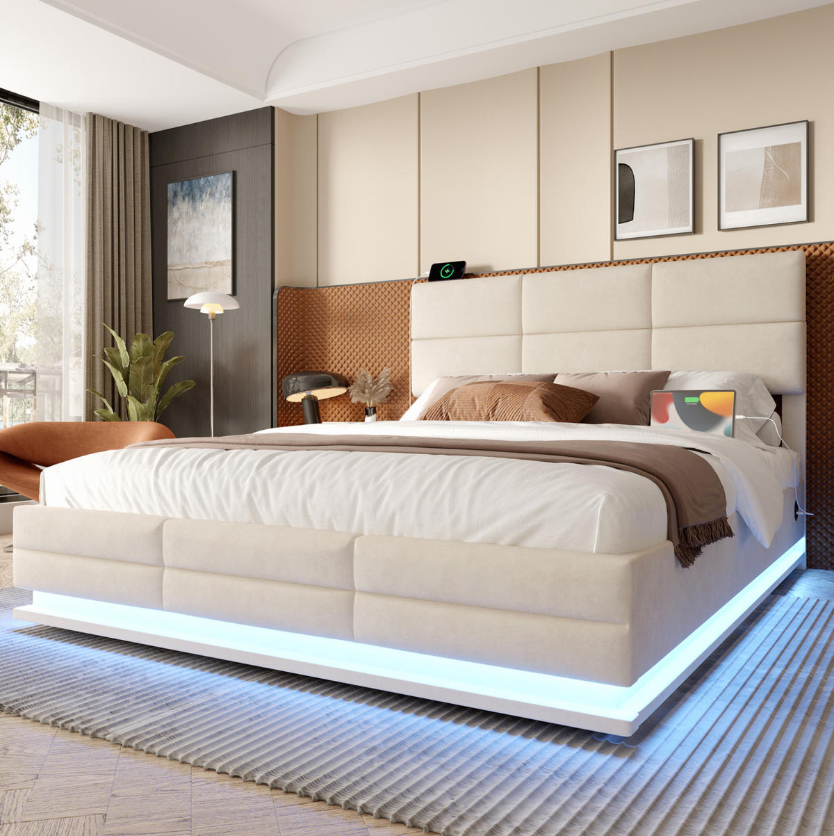 ČALÚNENÁ posteľ 142/206 cm z béžového zamatu s LED osvetlením a USB, s úložným priestorom - béžová, textil (140/200cm) - BEAOK