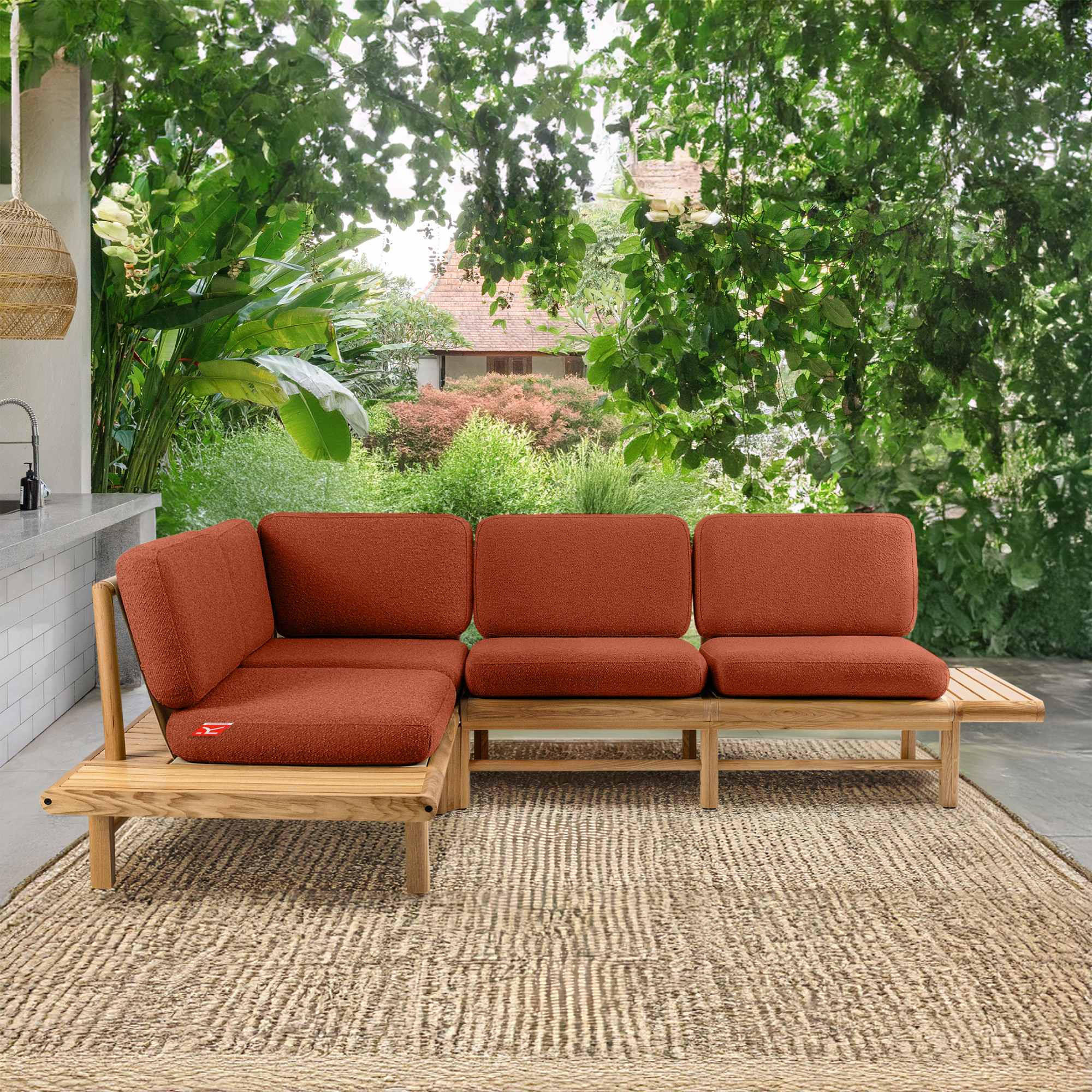 LOUNGESOFA ATREDA links - Orange, Holz/Textil (245/74/175cm) - KONSIMO®