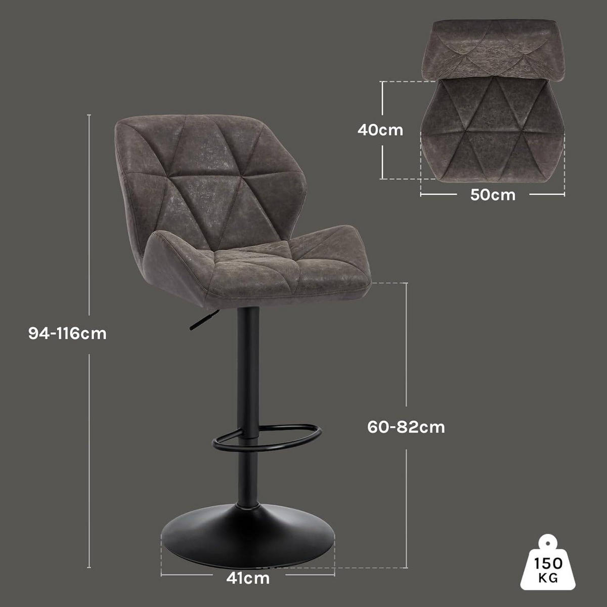 BARHOCKER 2er Set, höhenverstellbar,drehbar,Kunstleder Stahl - Grau, Metall (50/94/41cm) - Woltu