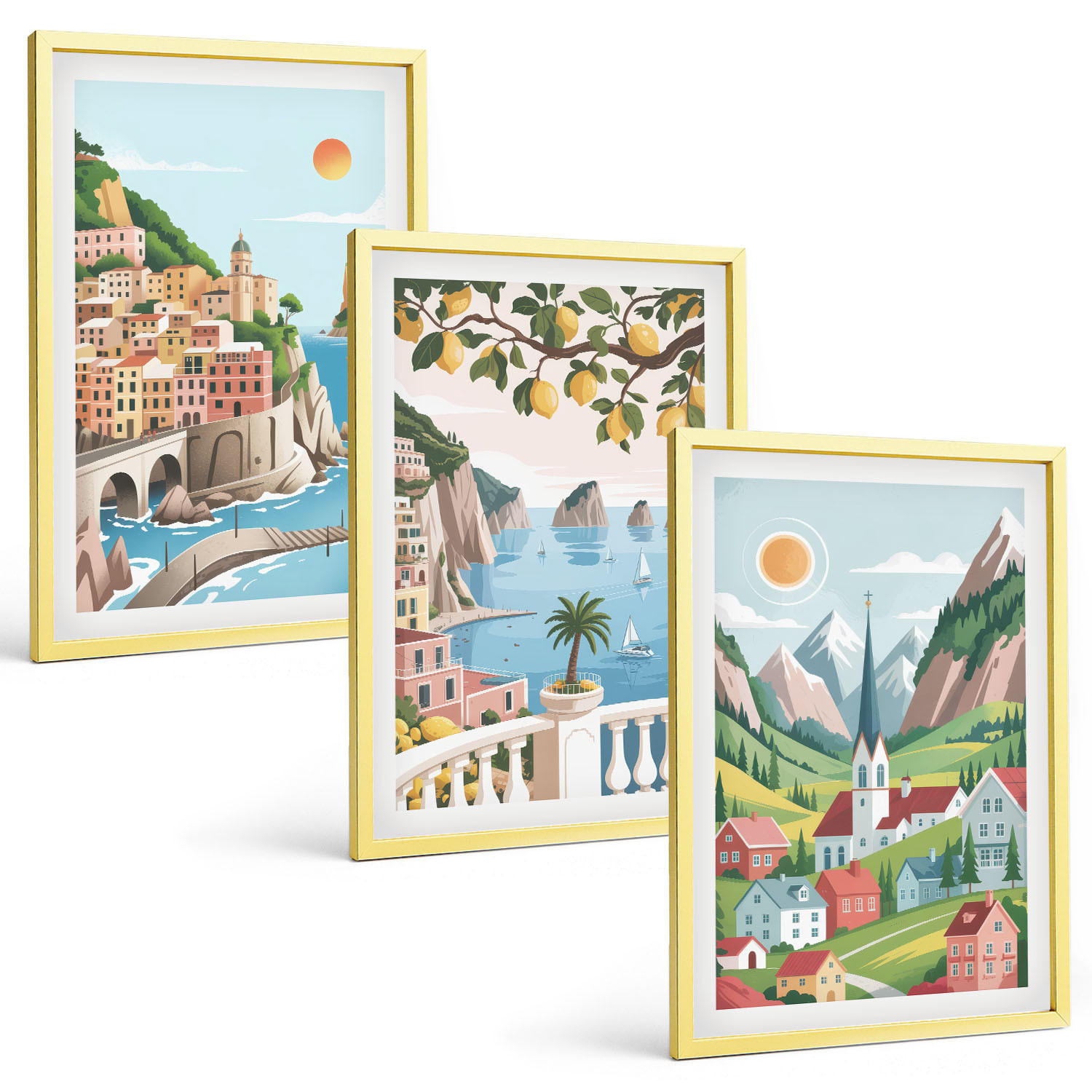 BILDER SET 3er Set - 40x60 cm Goldrahmen - Landschaften, Meer, Zitrusfrüchte - Goldfarben, Kunststoff (40/60cm) - TULUP