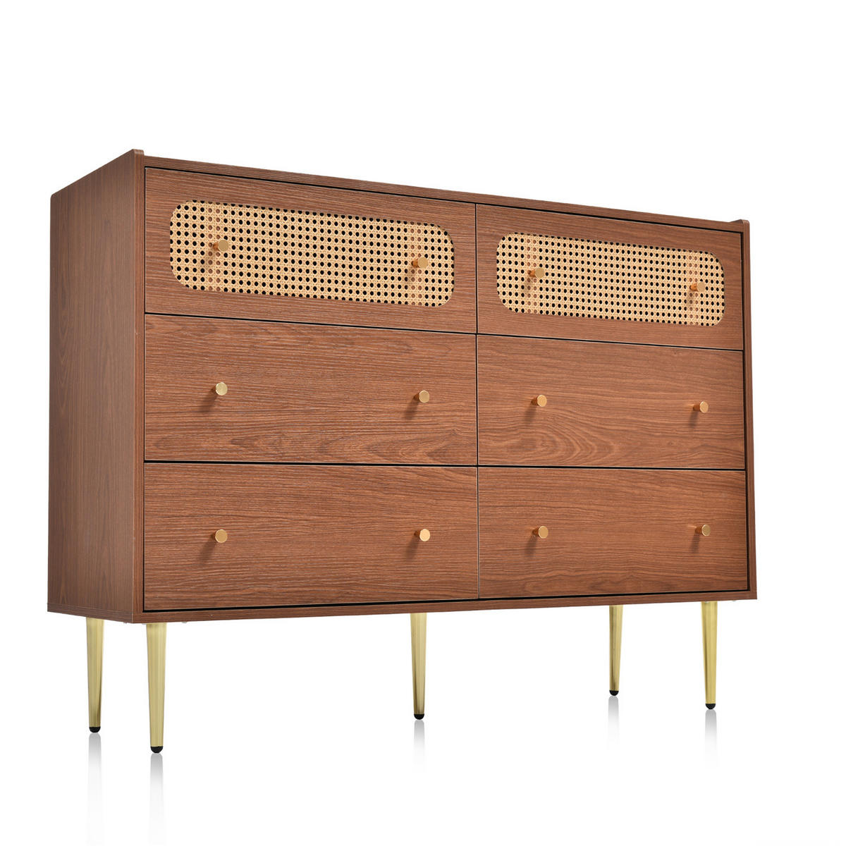KOMMODE Nussbaum 120x90x40 cm Rattan 6 Schubladen - Walnussfarben, Holz (40/90/120cm) - Kaket