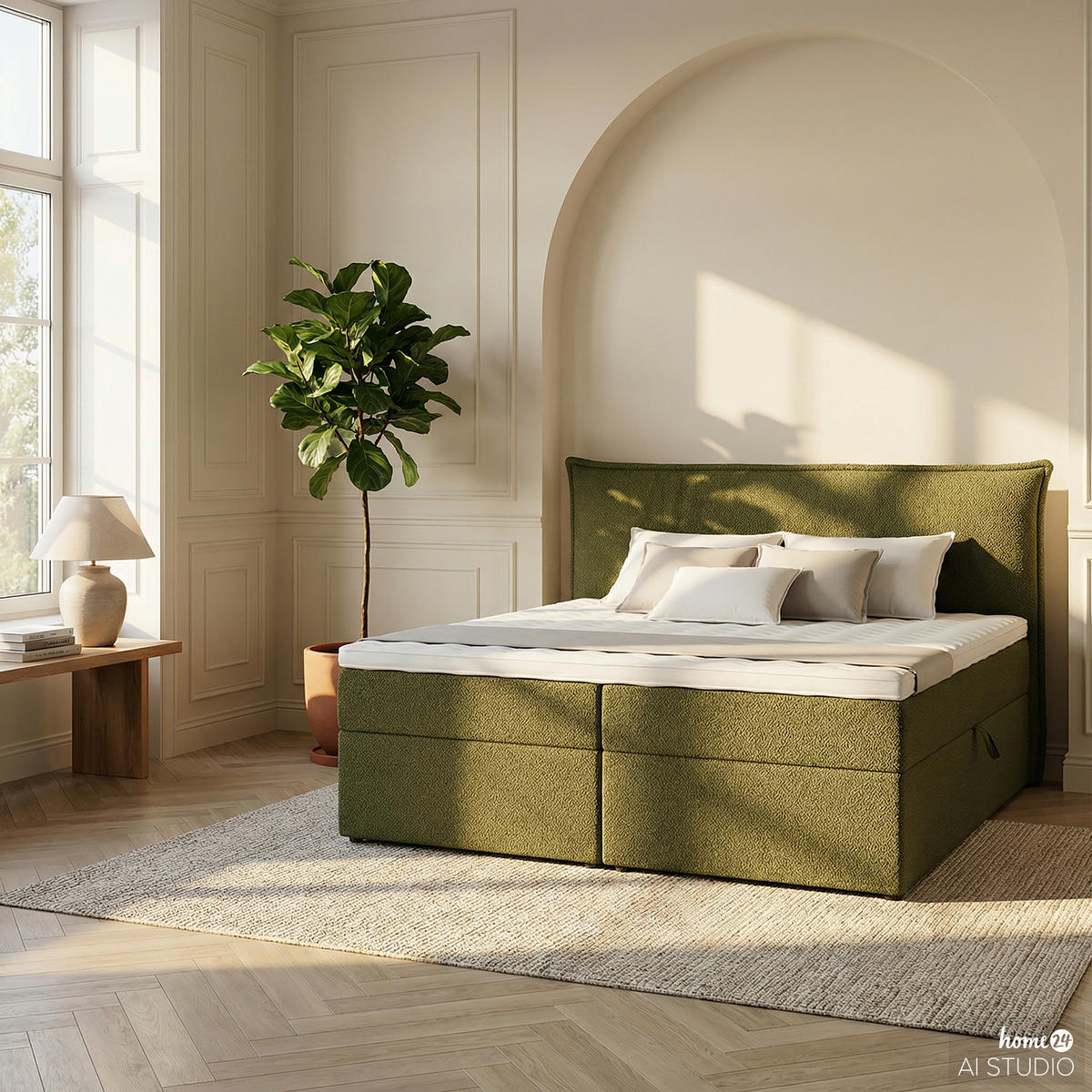 BOXBETT mit Stauraum - Bouclé - Olivgrün, Holzwerkstoff/Textil (200/200cm) - home24