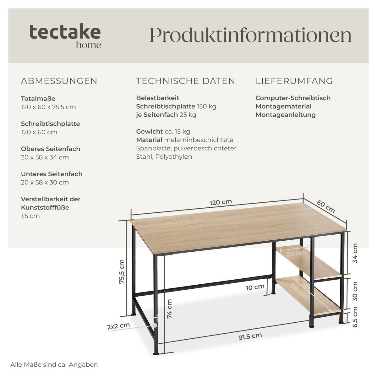 COMPUTERTISCH Canton,120 x 60 x 75,5 cm,Industrial Holz hell, Eiche Sonoma - Naturfarben, Holzwerkstoff (120/60/75.5cm) - tectake