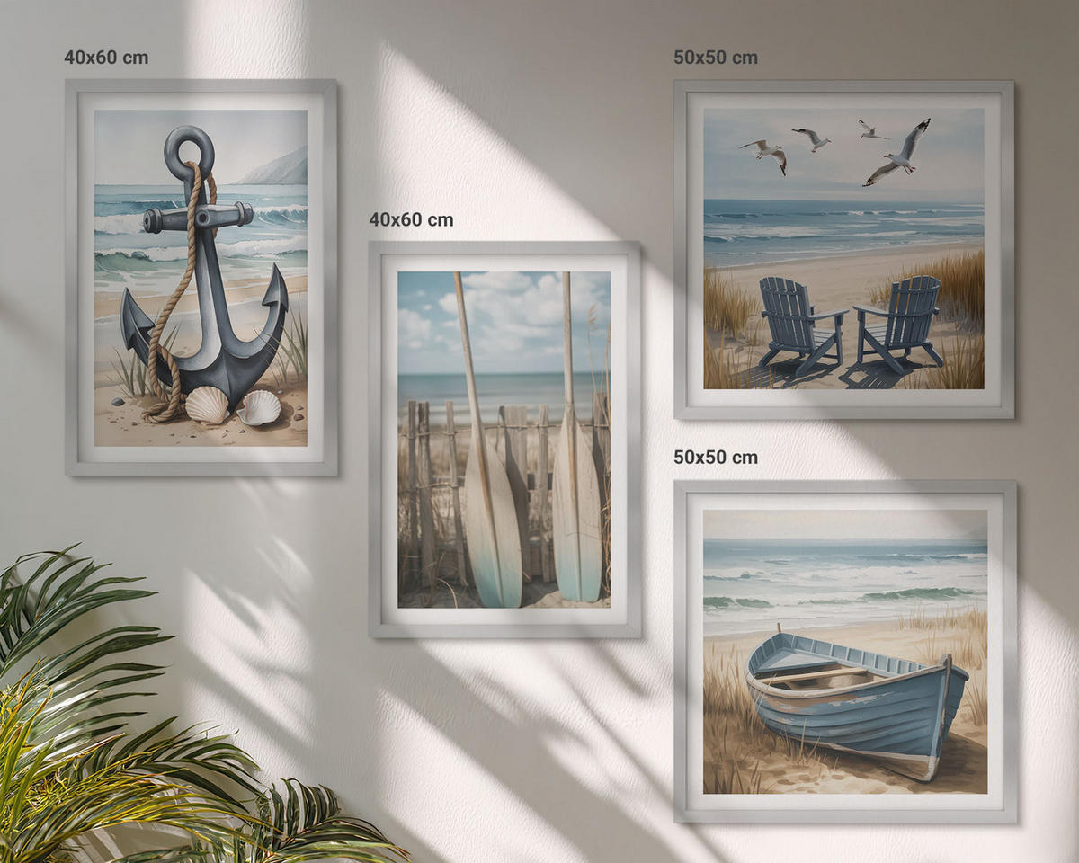 BILDER SET 4er Set - 50x50 cm & 40x60 cm Silberner Rahmen - Anker, Boot, Ruder, Strand - Silberfarben, Kunststoff (50/50cm) - TULUP