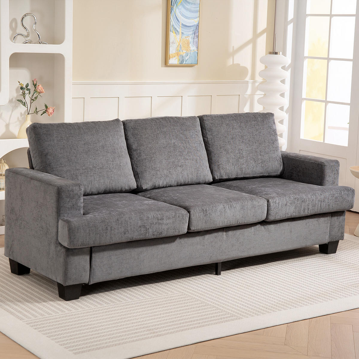 3-SITZER-SOFA DE-06547 Wohnzimmersofa für 3 Personen, Stahlrahmen Grau - Grau, Holz/Textil (82/90/213cm) - ComfortXL