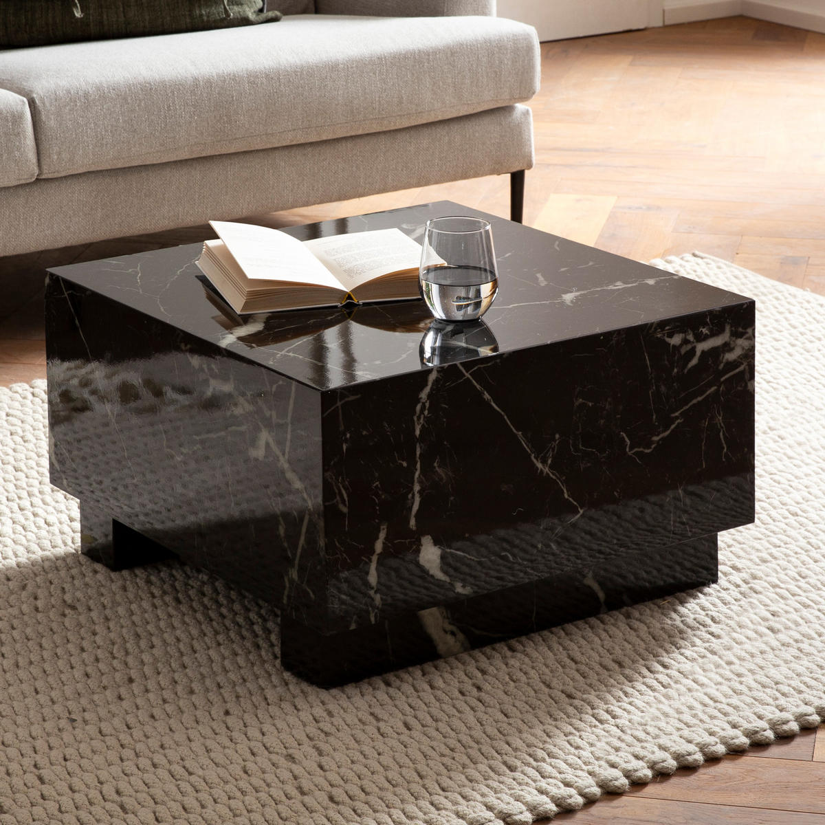 COUCHTISCH MONOBLOC in Hochglanz mit Marmor Optik, Quadratisch, Würfel-Form, Schwarz 60x60x35 cm - Schwarz, Holzwerkstoff (60/60/35cm) - KADIMA DESIGN