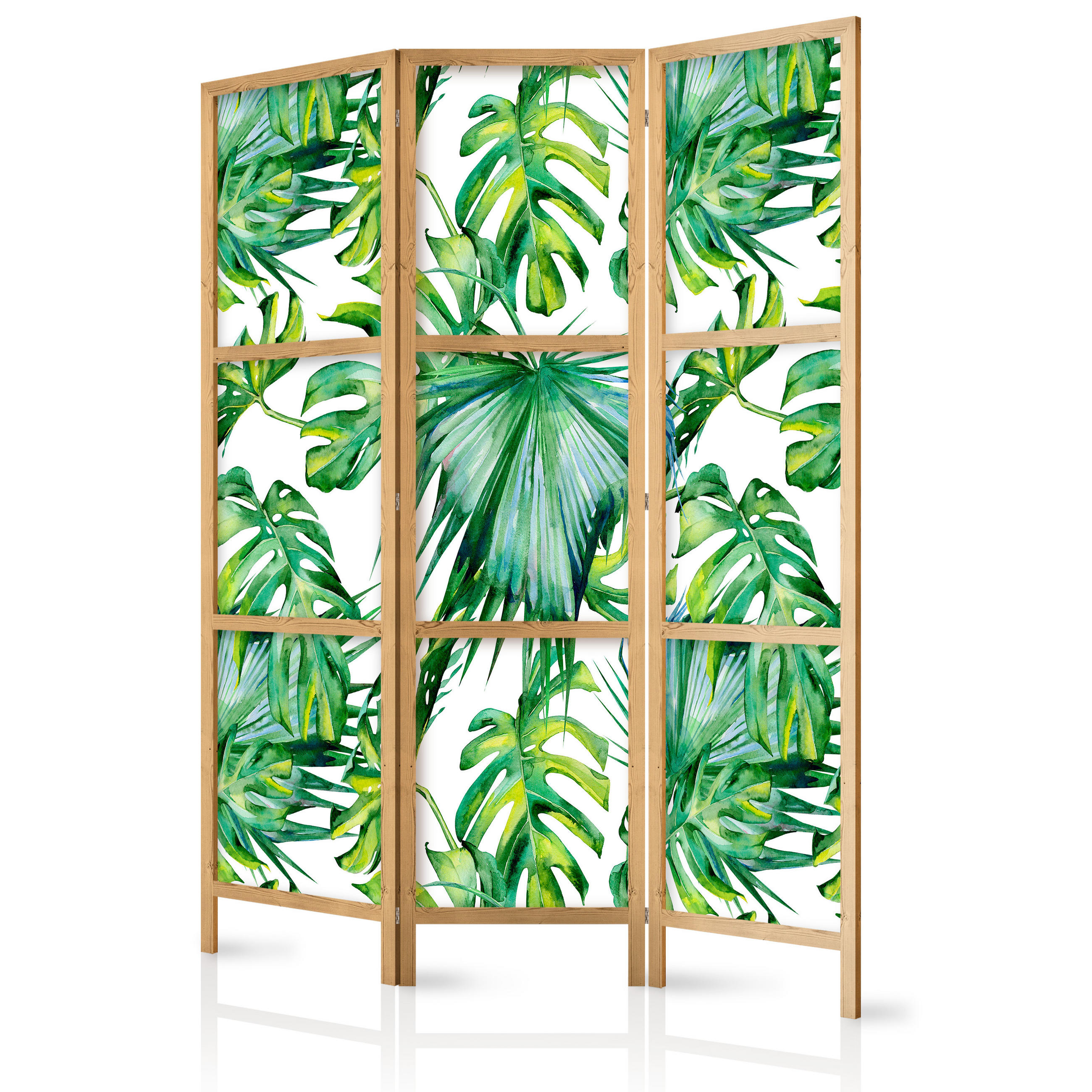 PARAVENT Japanischer 3-tlg 135x172 cm Tropische Bl tter - Grün, Holz/Textil (135/172/3cm) - Muralo