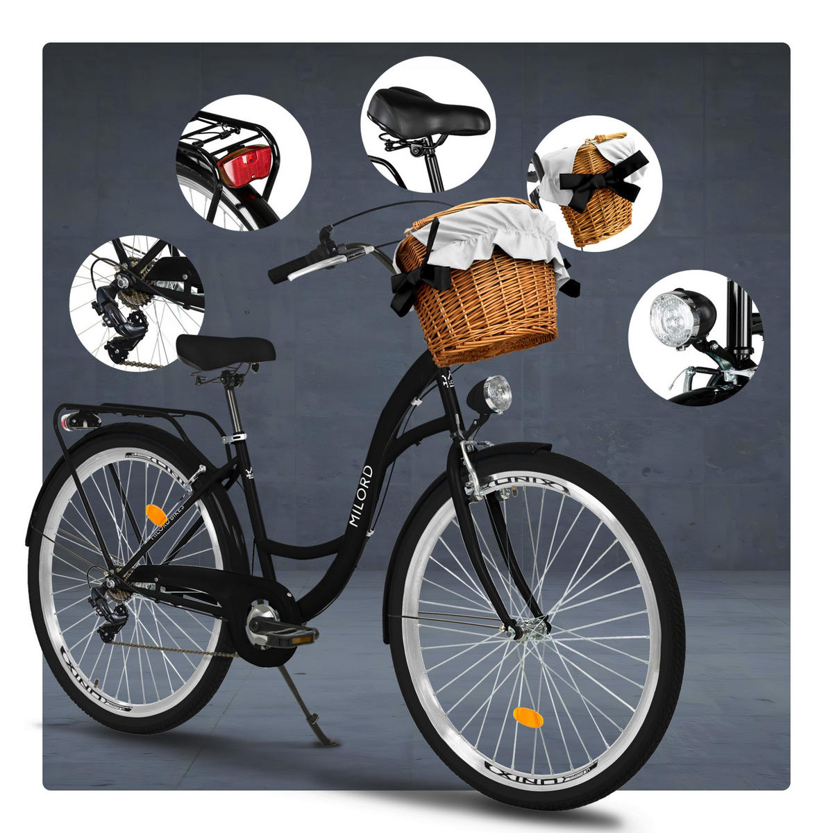CITY-FAHRRAD Milord mit Weidenkorb, 28 Zoll, Schwarz, 7-Gang - Schwarz, Metall (46cm) - Milordbikes